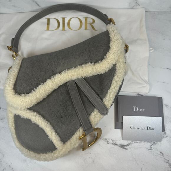 Christian Dior Shearling Saddle Bag Gray Shoulder Purse Suede/Gold CD Rare Auth - Picture 3 of 16